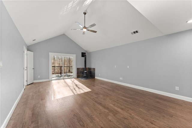 4635 Dawsonville Hwy, Gainesville, GA 30506 - unfurnished living room featuring wood finished floors, a ceiling fan, visible vents, baseboards, and a wood stove