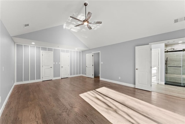 4635 Dawsonville Hwy, Gainesville, GA 30506 - unfurnished bedroom with visible vents, high vaulted ceiling, baseboards, and wood finished floors