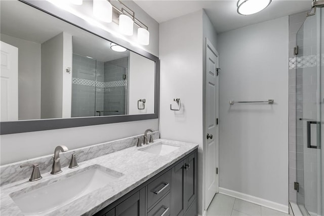 2135 N Forest Trl, Dunwoody, GA 30338 - bathroom featuring a stall shower, double vanity, baseboards, and tile patterned flooring