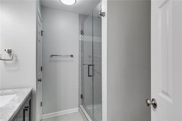 2135 N Forest Trl, Dunwoody, GA 30338 - bathroom featuring a shower stall, vanity, baseboards, and tile patterned flooring