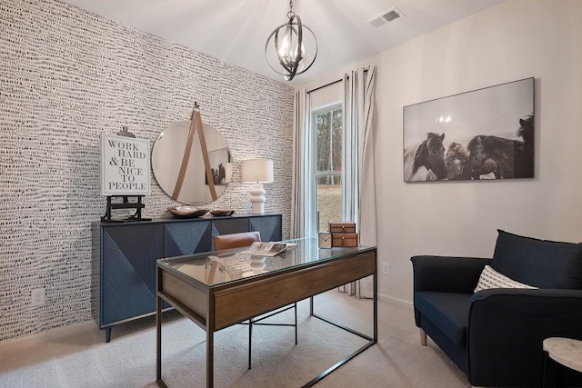 104 Chapel Hill Pkwy, Newnan, GA 30263 - carpeted home office with a notable chandelier, baseboards, and visible vents