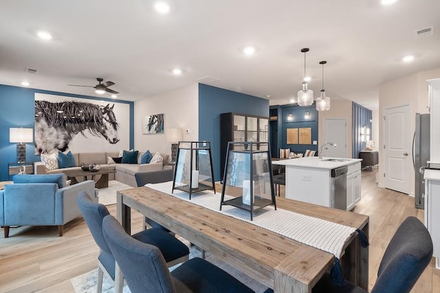 104 Chapel Hill Pkwy, Newnan, GA 30263 - dining area with ceiling fan, light wood-style flooring, visible vents, and recessed lighting
