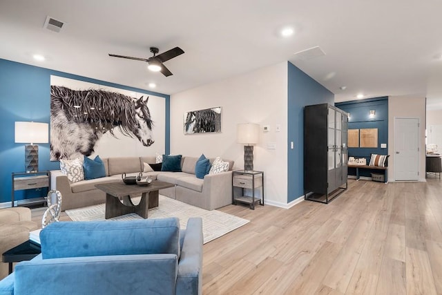 104 Chapel Hill Pkwy, Newnan, GA 30263 - living room featuring light wood-type flooring, visible vents, recessed lighting, ceiling fan, and baseboards
