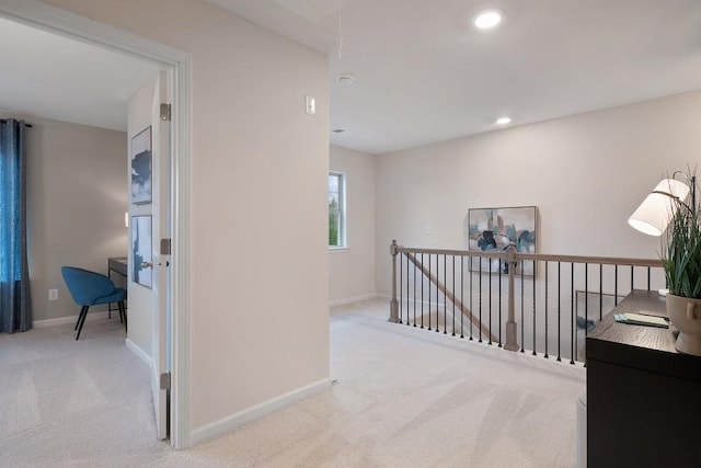 104 Chapel Hill Pkwy, Newnan, GA 30263 - hall featuring baseboards, carpet flooring, an upstairs landing, and recessed lighting