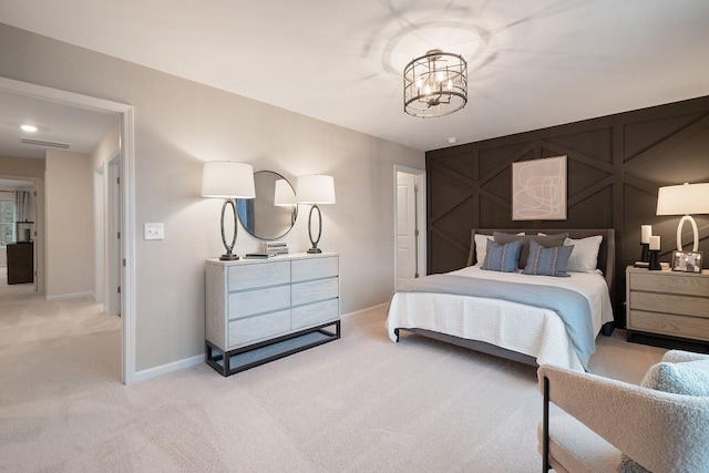 104 Chapel Hill Pkwy, Newnan, GA 30263 - bedroom with light colored carpet, an inviting chandelier, visible vents, and baseboards