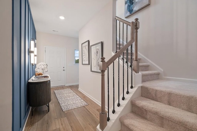 104 Chapel Hill Pkwy, Newnan, GA 30263 - foyer entrance with stairs, visible vents, baseboards, light wood-style floors, and recessed lighting