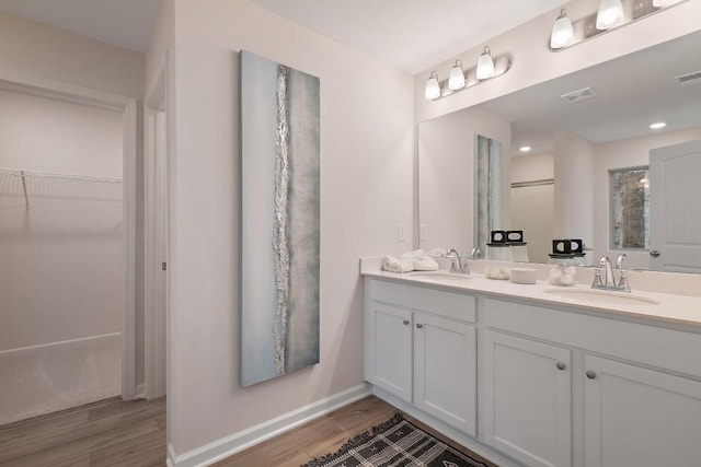 104 Chapel Hill Pkwy, Newnan, GA 30263 - bathroom featuring visible vents, wood finished floors, a walk in closet, and a sink
