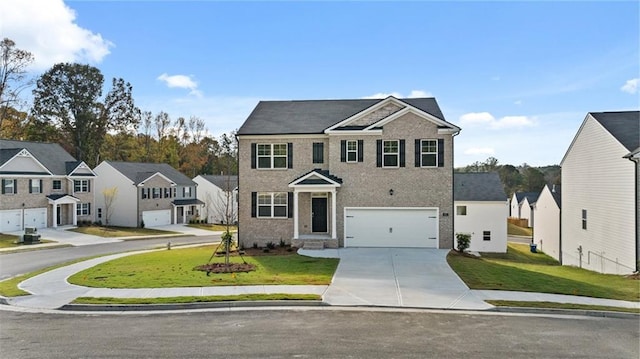 1316 Village Brook Dr, Dacula, GA 30019 - view of front of property with concrete driveway, a residential view, a garage, brick siding, and a front lawn