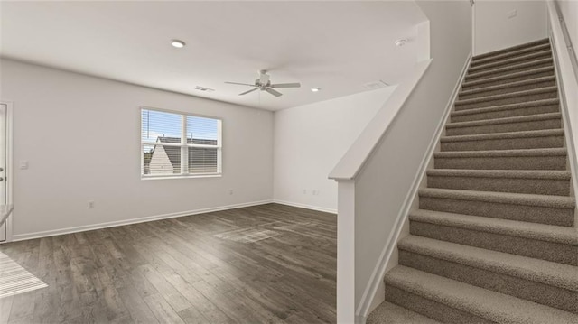 1316 Village Brook Dr, Dacula, GA 30019 - entryway featuring stairs, ceiling fan, dark wood finished floors, and recessed lighting