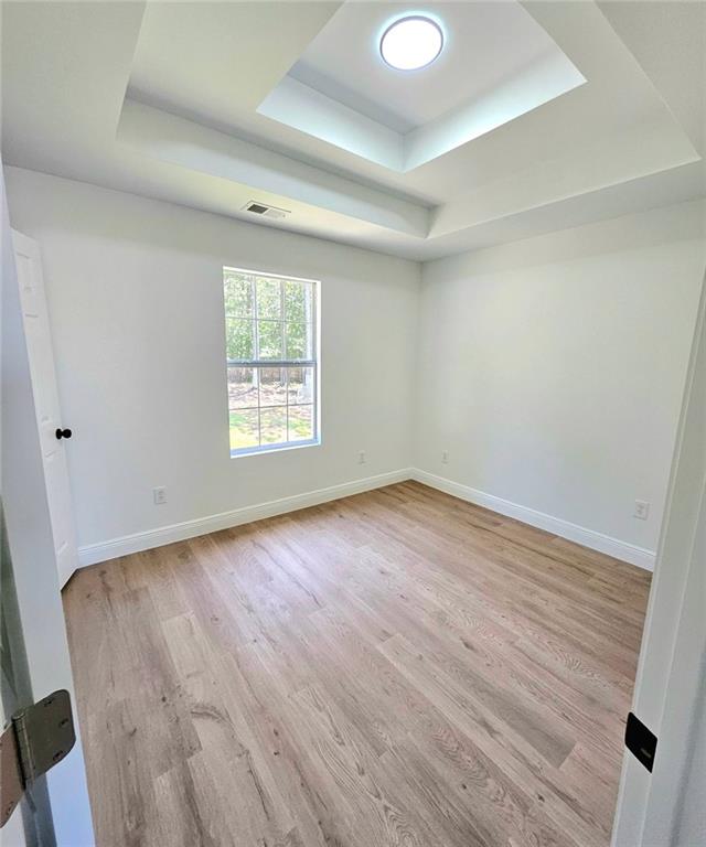 681 Burtons Cv, Hampton, GA 30228 - spare room featuring a tray ceiling, light wood finished floors, and baseboards