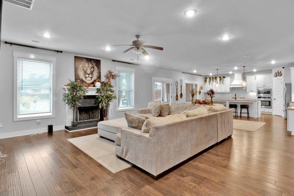 living room featuring light hardwood / wood-style floors and ceiling fan