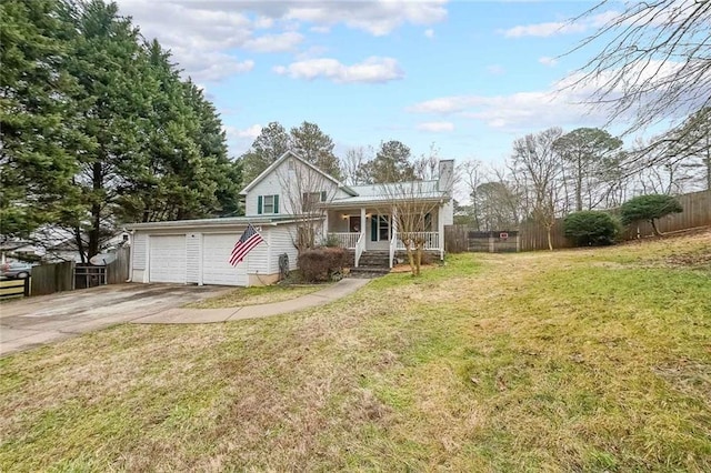 view of front of house with a porch, an attached garage, fence, driveway, and a front lawn