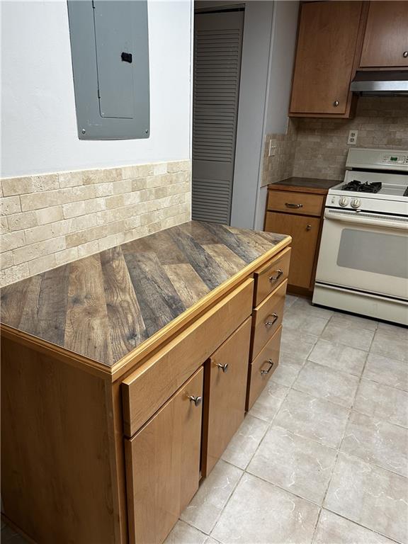 kitchen featuring white range with gas stovetop, electric panel, and tasteful backsplash