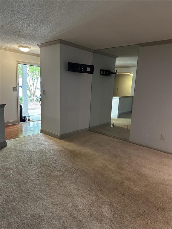 carpeted spare room featuring crown molding and a textured ceiling