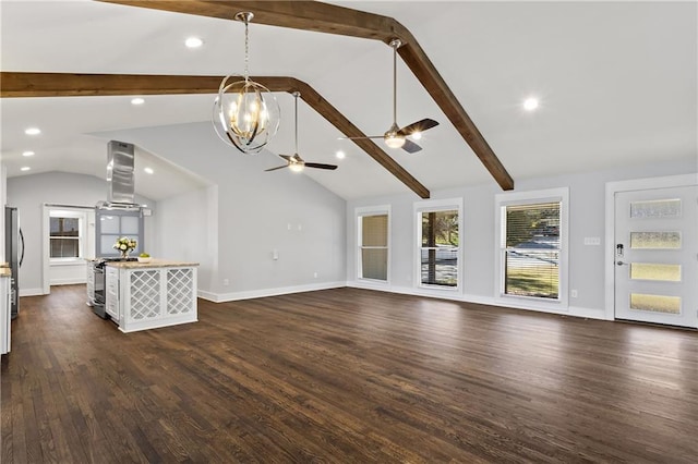 unfurnished living room with beamed ceiling, recessed lighting, dark wood-style floors, and baseboards