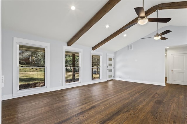 unfurnished living room featuring visible vents, vaulted ceiling with beams, baseboards, recessed lighting, and dark wood-style flooring