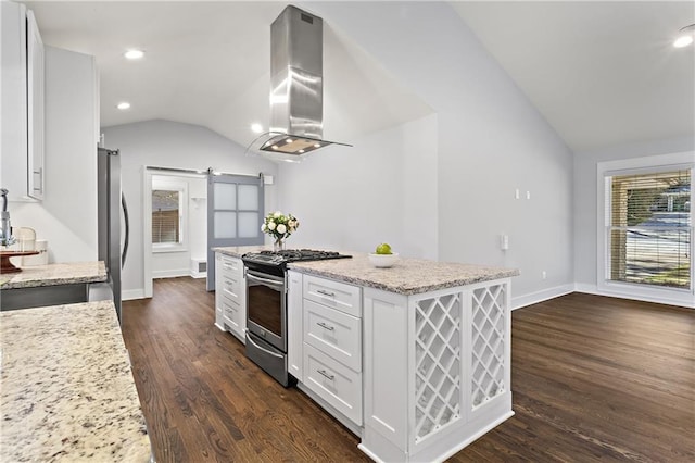 kitchen featuring dark wood-style floors, a kitchen island, lofted ceiling, stainless steel appliances, and island range hood