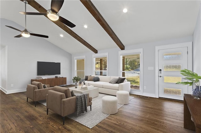 living area with beamed ceiling, baseboards, high vaulted ceiling, and dark wood-style flooring