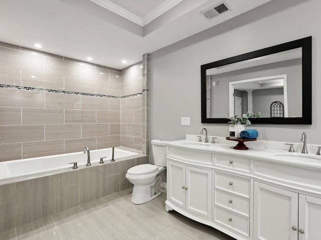 bathroom featuring a sink, visible vents, toilet, and ornamental molding