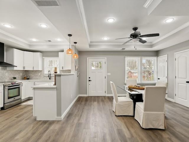 kitchen featuring a tray ceiling, electric stove, crown molding, and visible vents