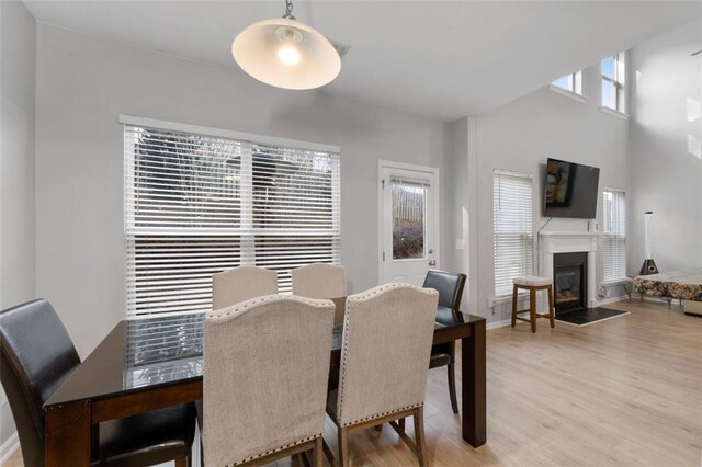 dining room with a high ceiling and light hardwood / wood-style floors