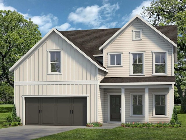 view of front facade with roof with shingles, concrete driveway, a front lawn, a garage, and board and batten siding