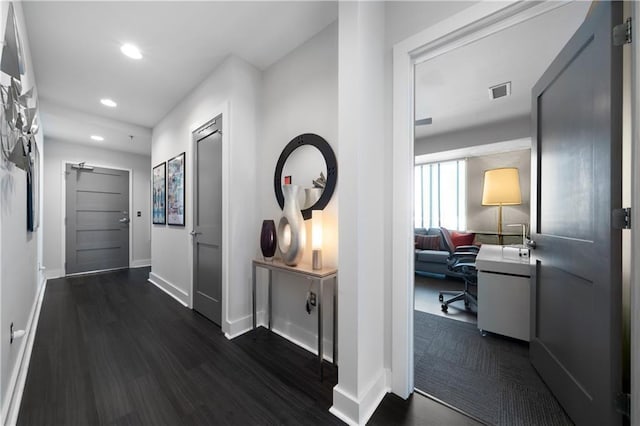 1100 Howell Mill Rd NW Unit 708, Atlanta, GA 30318 - hallway featuring dark wood-style floors, recessed lighting, and an office area