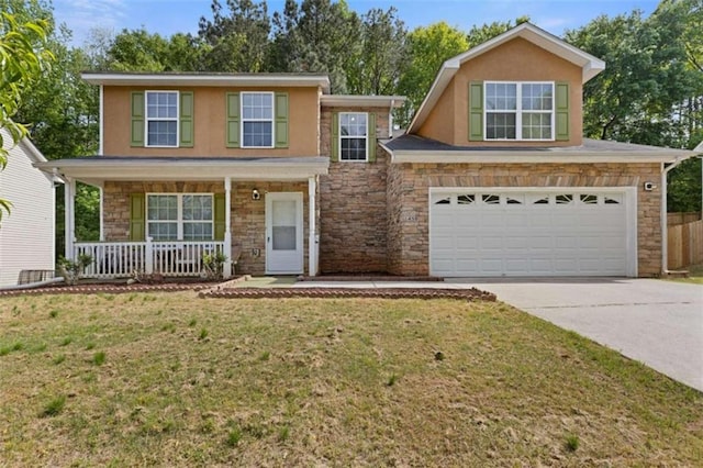 1450 Steam Engine Way, Conyers, GA 30013 - traditional-style house with stone siding, concrete driveway, a porch, a garage, and stucco siding