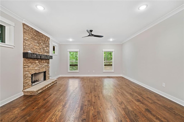 4189 Tamarack Dr, Jasper, GA 30143 - unfurnished living room featuring ceiling fan, recessed lighting, ornamental molding, wood finished floors, and a fireplace