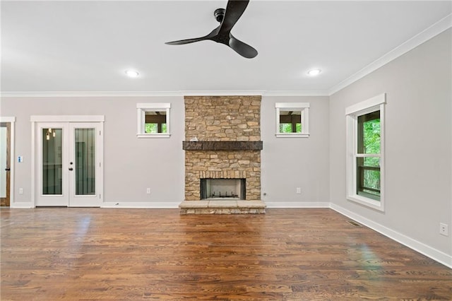 4189 Tamarack Dr, Jasper, GA 30143 - unfurnished living room featuring crown molding, ceiling fan, wood finished floors, baseboards, and a fireplace