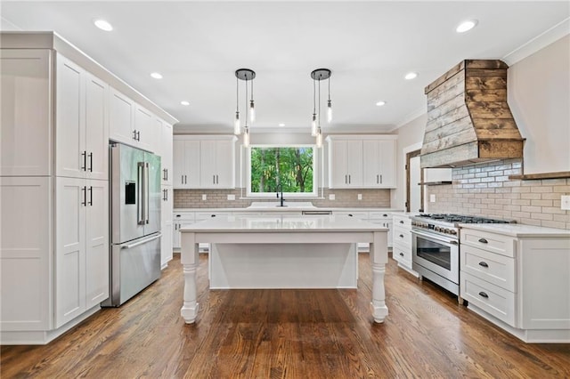 4189 Tamarack Dr, Jasper, GA 30143 - kitchen with high end appliances, ornamental molding, light countertops, white cabinets, and a sink