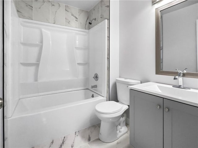 full bathroom with toilet, vanity, and bathing tub / shower combination