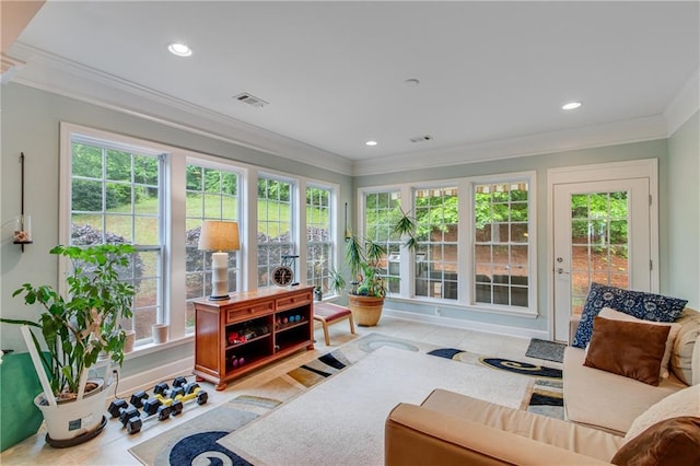 4460 Delano Dr, Cumming, GA 30040 - sunroom featuring ornamental molding, tile patterned floors, and recessed lighting