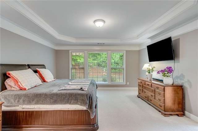 4460 Delano Dr, Cumming, GA 30040 - bedroom with crown molding, light colored carpet, a tray ceiling, and baseboards
