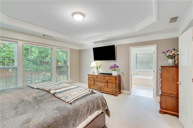 4460 Delano Dr, Cumming, GA 30040 - bedroom with a tray ceiling, light carpet, ornamental molding, and ensuite bath