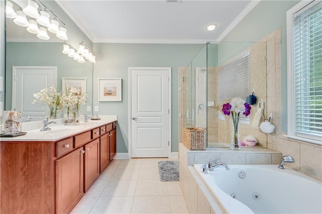 4460 Delano Dr, Cumming, GA 30040 - bathroom featuring a tub with jets, tile patterned floors, a shower stall, double vanity, and ornamental molding