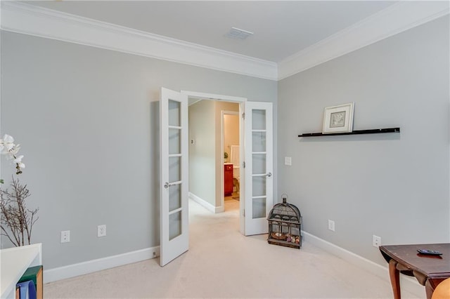 4460 Delano Dr, Cumming, GA 30040 - office area featuring french doors, ornamental molding, carpet floors, and baseboards