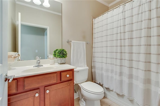 4460 Delano Dr, Cumming, GA 30040 - full bathroom featuring ornamental molding, toilet, vanity, tile patterned floors, and shower / bath combo