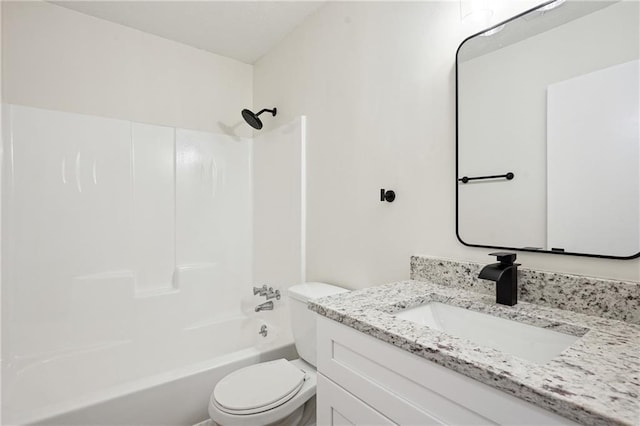 full bath featuring shower / bathtub combination, toilet, and vanity