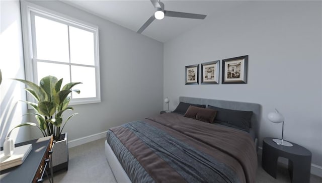 bedroom with light carpet, lofted ceiling, and ceiling fan