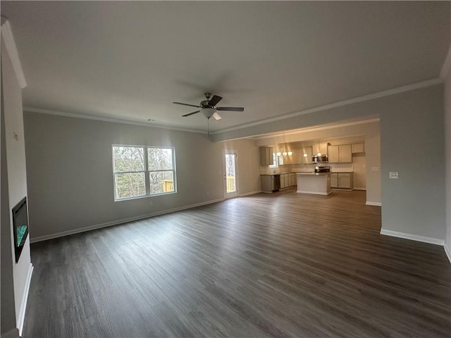 unfurnished living room featuring crown molding, a ceiling fan, and dark wood-style floors