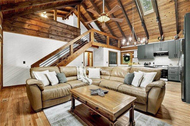 212 Dogpatch Ln, Blue Ridge, GA 30513 - living room with high vaulted ceiling, wood ceiling with exposed beams, light wood-type flooring, ceiling fan, and stairway
