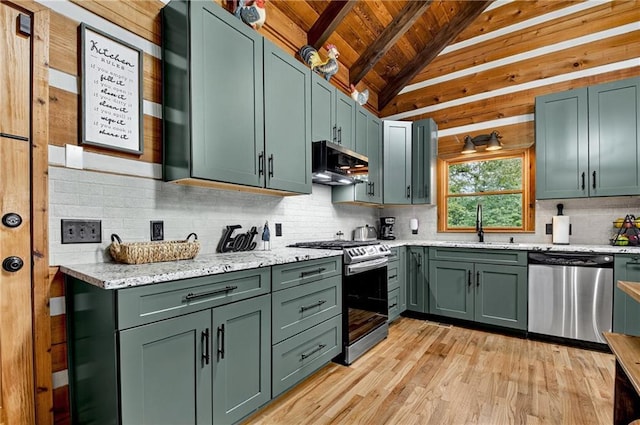 212 Dogpatch Ln, Blue Ridge, GA 30513 - kitchen featuring stainless steel appliances, green cabinets, exhaust hood, decorative backsplash, and wood ceiling