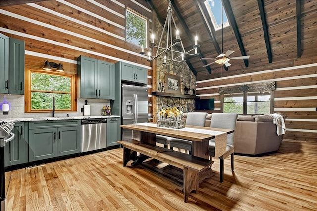 212 Dogpatch Ln, Blue Ridge, GA 30513 - kitchen with appliances with stainless steel finishes, high vaulted ceiling, a sink, wooden walls, and plenty of natural light