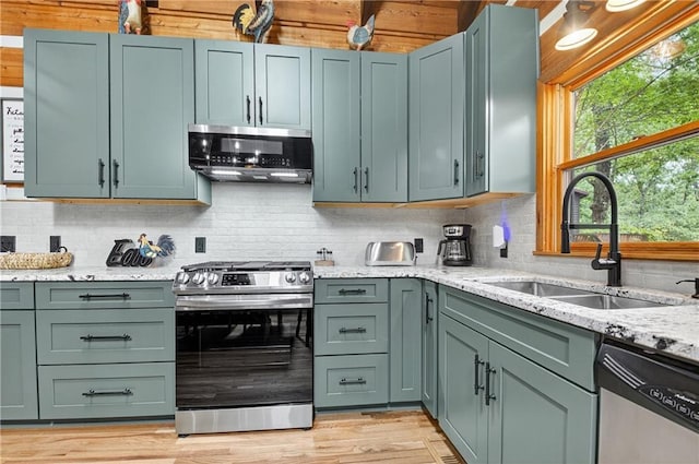 212 Dogpatch Ln, Blue Ridge, GA 30513 - kitchen featuring appliances with stainless steel finishes, a sink, green cabinets, and decorative backsplash