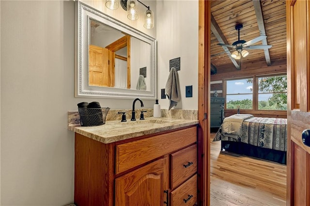 212 Dogpatch Ln, Blue Ridge, GA 30513 - ensuite bathroom with wooden ceiling, a ceiling fan, vanity, and wood finished floors
