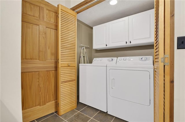 212 Dogpatch Ln, Blue Ridge, GA 30513 - laundry room with separate washer and dryer, cabinet space, and dark tile patterned flooring