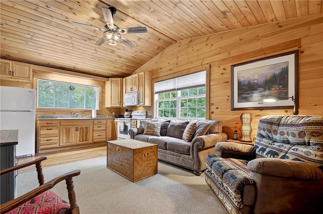 212 Dogpatch Ln, Blue Ridge, GA 30513 - living room with lofted ceiling, wooden walls, wooden ceiling, a ceiling fan, and light carpet