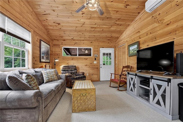 212 Dogpatch Ln, Blue Ridge, GA 30513 - carpeted living room featuring vaulted ceiling, a wall mounted AC, ceiling fan, wooden walls, and wood ceiling