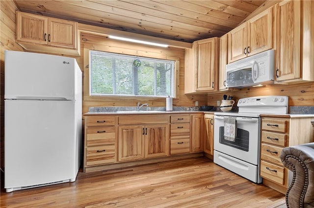 212 Dogpatch Ln, Blue Ridge, GA 30513 - kitchen with white appliances, a sink, wood ceiling, light wood-style floors, and light brown cabinetry
